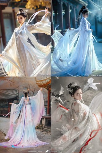 霓裳羽衣真人试穿，修身流畅剪裁，白色细小绒毛与云霞霓虹渐变裙摆，轻纱绸带随风飘动，仙鹤舞姿优雅，配饰简约精致，古风舞台，暖色柔光，雾化背景，高光丝绸质感，飘逸长袖，动态旋转，高贵仙气，浅粉金色调，超高清细节，广角镜头，浅景深，梦幻光影，柔焦边缘，微距珠宝反光。