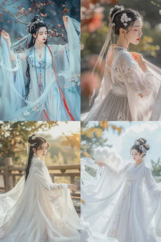 设计一套中国古代传说中的霓裳羽衣，衣服有细小白色绒毛装饰，裙子云霞霓虹的风格，舞蹈表演服饰，华丽高贵，仙气飘逸，修身优雅，配饰精美简洁，搭配轻纱绸带，灵感来自仙鹤的舞蹈，真人试穿效果。