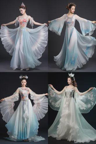 设计一套中国古代传说中的霓裳羽衣，细小的羽毛，亮片，轻纱要素，衣服有加长版的水袖，裙子云霞霓虹的风格，舞蹈表演服饰，华丽高贵，仙气飘逸，修身优雅，配饰精美简洁，搭配轻纱绸带，灵感来自仙鹤的舞蹈，真人试穿效果。