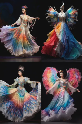 霓裳羽衣真人试穿，修身优雅，仙气飘逸，羽毛亮片轻纱装饰，加长水袖，云霞霓虹裙摆，仙鹤舞姿灵感，华丽高贵，舞台灯光下，动态旋转，广角镜头，柔焦效果，丝绸质感，浅粉淡蓝渐变色调，精致配饰，绸带飘动，优雅舞步，梦幻唯美，高对比度，侧逆光，光泽感，高清细节，柔美典雅。