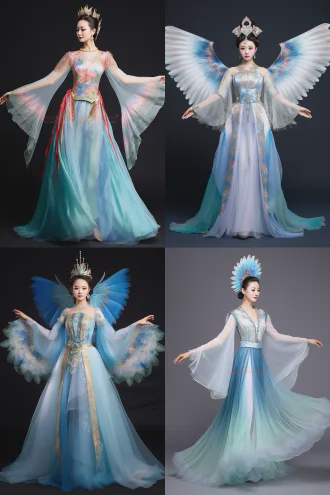 设计一套中国古代传说中的霓裳羽衣，细小的羽毛，亮片，轻纱要素，衣服有加长版的水袖，裙子云霞霓虹的风格，舞蹈表演服饰，华丽高贵，仙气飘逸，修身优雅，配饰精美简洁，搭配轻纱绸带，灵感来自仙鹤的舞蹈，真人试穿效果。