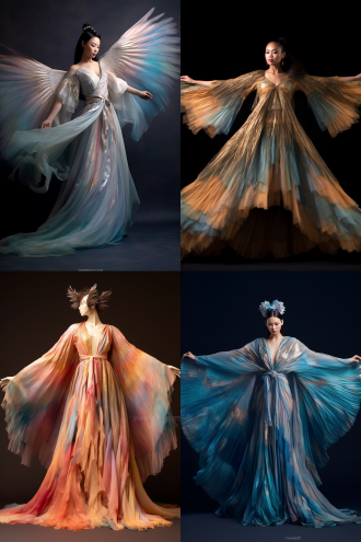 霓裳羽衣，中国古代传说风格，羽毛亮片轻纱装饰，加长水袖，云霞霓虹渐变裙摆，仙鹤舞蹈灵感，修身飘逸，高贵华丽，精美配饰，轻纱绸带环绕，真人模特优雅起舞，柔和自然光，浅色调背景，动态捕捉，丝绸质感，细腻光泽，仙气缭绕，温柔微笑，舒展姿态，舞台灯光效果。