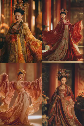 霓裳羽衣唐代风格，凤凰灵感，华丽刺绣，金色与红色渐变，飘逸长袖，轻盈丝绸，羽毛装饰，头戴凤冠，真人模特优雅舞姿，宫殿背景，暖色调灯光，柔焦效果，动态飘逸，细腻纹理，高贵气质，典雅表情，传统与现代结合，柔美光影，奢华细节，3d渲染，摄影棚布光，丝绸质感，舞蹈动作定格，高级定制时装，中国古典美学