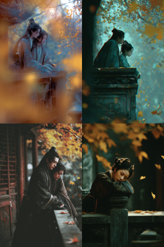 自古多情意难表，忧郁诗人倚栏远眺，古风长袍飘逸，眉宇间愁绪萦绕，秋叶纷飞，黄昏暮色，水墨渲染风格，低饱和度，柔焦效果，浅景深，侧逆光，落叶元素，深沉哀愁，古典庭院背景，暖黄与冷蓝交织，静默沉思，命运无常主题。