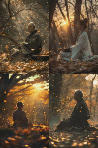 多情诗人独坐秋林，落叶纷飞，夕阳余晖，忧郁凝望远方，古风长袍，眉头深锁，水墨渲染，广角镜头，柔焦效果，暖金色调，侧逆光，深沉情感，诗意氛围，孤独身影，飘零落叶，古琴旁，古典意境，情绪张力，唯美构图