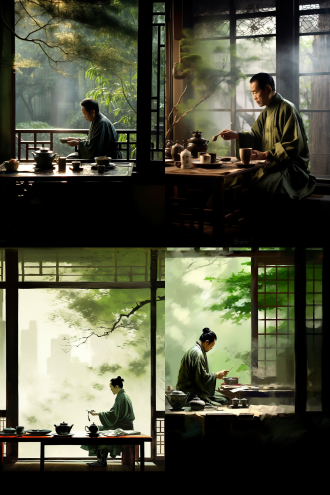 一个中国古装书生坐在茶几旁边斟茶，看水汽飘渺，茶杯中有茶壶的倒影，纱窗外有绿色竹影婆娑摇曳，浓淡的绿色层叠出中国工笔水墨画的诗意，浮云和飞鸟掠过时在纱窗上留下剪影。