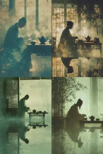 中国古装书生斟茶，茶几旁，水汽飘渺，茶杯倒影茶壶，纱窗竹影婆娑，工笔水墨风格，淡雅色调，柔光，长焦镜头，浅景深，静物构图，纱窗剪影浮云飞鸟，宁静氛围，细腻笔触，古典诗意，层次分明的绿色调，书卷气，温雅神情，宽袖长袍，木质家具，纱质窗帘，自然光透射
