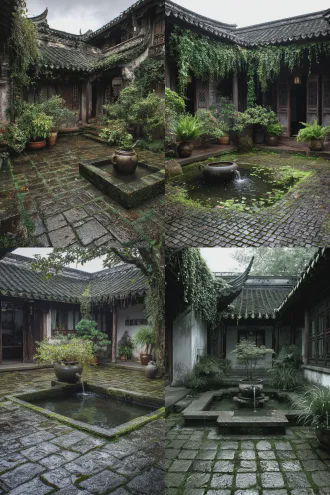 中国传统天井，头顶方形天空白云月亮，地下青苔古井，方砖缝隙杂草丛生，屋檐吊挂茶壶爬满藤蔓，壶嘴垂枝如流水，插花景观，古色古香，清幽雅静，对称构图，微距镜头，自然光，低角度拍摄，冷色调，细腻纹理，宁静氛围，禅意，岁月痕迹，传统元素，光影交错，静态美。