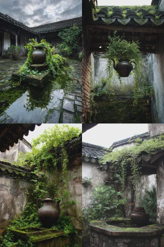 中国传统的天井里，头顶方形的一片天空漂浮着白云和月亮，地下的古老水井长有青苔，周围的方砖缝隙里也杂草丛生，屋檐下吊着一个茶壶，爬满了绿色藤曼，茶壶嘴长出长长的垂枝，宛如流水，插花景观艺术，古色古香，清幽雅静。