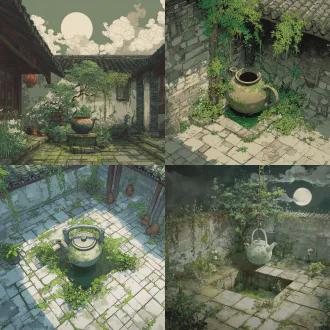 中国传统的天井里，头顶方形的一片天空漂浮着白云和月亮，地下的古老水井长有青苔，周围的方砖缝隙里也杂草丛生，屋檐下吊着一个大茶壶，爬满了绿色藤曼，茶壶嘴长出长长的垂枝，宛如流水，插花景观艺术，古色古香，清幽雅静，雪天，屋檐有冰凌冰挂。