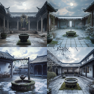 中国传统天井，方形天空白云明月，古老水井青苔杂草，屋檐吊大茶壶绿色藤蔓，茶壶嘴垂枝流水，插花艺术，古色古香清幽雅静，雪天冰凌冰挂，对称构图，低角度拍摄，冷色调，广角镜头，柔光漫射，静态场景，细节丰富，静谧氛围，禅意，灰瓦白雪，宁静致远