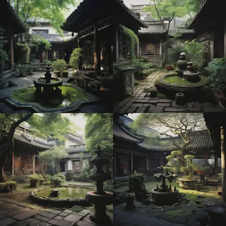 中国传统的天井里，头顶方形的一片天空漂浮着白云和月亮，地下的古老水井长有青苔，周围的方砖缝隙里也杂草丛生，屋檐下吊着一个大茶壶，爬满了绿色藤曼，茶壶嘴长出长长的垂枝，宛如流水，插花景观艺术，古色古香，清幽雅静，晴天，光影陆离。