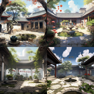 中国传统天井场景，方形天空漂浮白云与月亮，古老水井长满青苔方砖缝隙杂草丛生，屋檐下悬挂爬满藤蔓的大茶壶壶嘴垂枝如流水，插花艺术点缀，古色古香清幽雅静，晴天光影交错，广角镜头低角度拍摄，自然光散射柔和光斑，高饱和度冷绿暖黄对比，静谧禅意超现实细节。