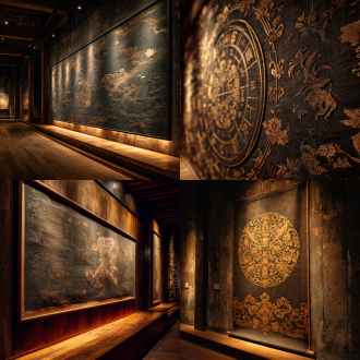 璇玑图展示在古墙上，精细刺绣，深色木质背景，金线细节，博物馆灯光，侧面柔光，微距镜头，高分辨率，暗调氛围，古朴质感，静态展示，传统元素，暖黄色调，庄重肃穆，文物感