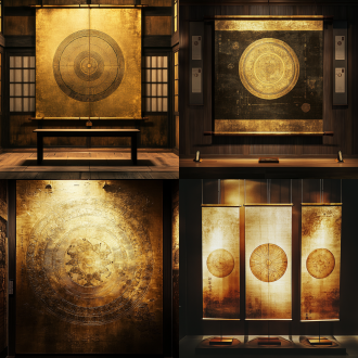 "璇玑图展品，古色古香，墙上悬挂，细腻纹理，博物馆环境，低角度拍摄，复古色调，柔和光线，特写镜头，精致细节，暗金色调，庄重氛围，历史感，静物构图，对称布局，高分辨率，文化符号，光线漫射，沉稳优雅，神秘感。"