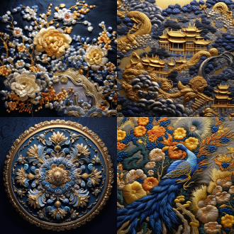 璇玑图古董展品，东方刺绣艺术，精美花纹，华丽细腻，墙上展示，柔和室内灯光，高清摄影，微距镜头，丝绸质感，金色与深蓝主调，暖光点缀，静态展示，细腻纹理，历史感，文化底蕴，典雅氛围。
