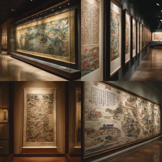 中国古代的璇玑图，博物馆古董展品，东方刺绣艺术，五彩刺绣中文诗，精美奇巧，华丽细腻，贴在墙上，柔和室内灯光，高清摄影