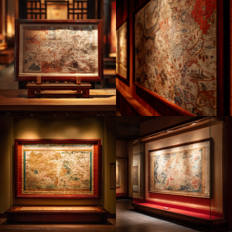 中国古代璇玑图刺绣，博物馆展台陈列，五彩丝线刺绣中文诗，精细纹理，华丽图案，红木边框，墙面悬挂，柔和室内灯光，侧光强调细节，微距镜头，超高分辨率，暖色调，丝绸光泽，古典雅致，文化厚重感，静谧氛围。