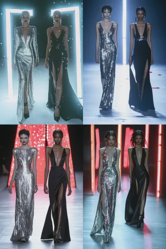 两位时装模特正反面展示，一个模特面向镜头自信走来，身着未来感银色亮片长裙，表情冷艳，另一个背对镜头优雅离去，黑色高开叉礼服，t台背景霓虹灯光闪烁，现代极简风格，对称构图，长焦镜头，浅景深，动态模糊，冷色调，高级感，时尚大片，led光影，都市夜景，对比鲜明，气场强大。