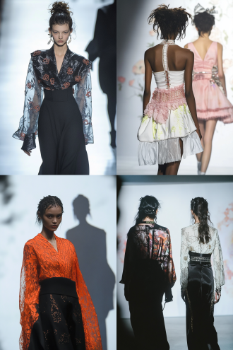 两位时装模特的正反面展示，一个模特面向镜头而来，另一个背对镜头而去，t台背景。