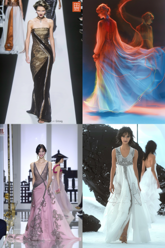 时装模特t台展示，动态对比构图，现代感建筑背景，冷色调灯光，长焦镜头，高速快门，正面模特自信微笑穿亮片礼服，背面模特优雅背影着流苏长裙，高对比度，金属质感，舞台聚光，动感线条，未来风格，时尚大片。