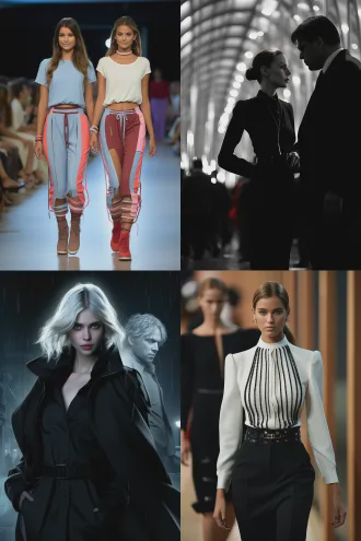 黑白转彩色，两位时装模特正反展示，一位自信微笑面向镜头，另一位背影优雅离去，t台灯光璀璨，时尚都市背景，高细节渲染，长焦镜头，动态模糊，聚光灯，冷暖色调对比，流线型服装，金属质感配饰，未来感，强烈视觉冲击，超现实风格。