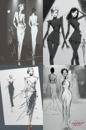 黑白草图渐变彩色照片，两位时装模特t台走秀，正面模特自信微笑，高挑身材，精致妆容，时尚前卫造型，背面模特优雅背影，飘逸长发，动态步伐，t台聚光灯，渐变色背景，广角镜头，高对比度，动态模糊，时尚大片质感，冷暖色调碰撞，立体感强烈，镜头仰角，舞台烟雾效果，张力十足。