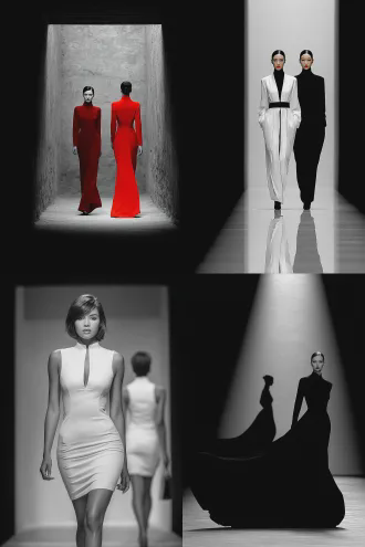 黑白转彩色，两位时装模特，一正一反，正面模特直视镜头，优雅自信，背面模特走向深处，t台背景，高对比度，聚光灯，广角镜头，动态光影，丝绸材质，奢华氛围，鲜明色彩，流畅剪影，艺术时尚，强烈视觉冲击，现代感。