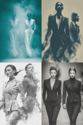 "黑白草稿图转为彩色照片，两位时装模特正反展示，一迎一离，t台延伸感，高定服装，流畅剪裁，锐利眼神，动态姿态，聚光灯，冷色调渐变，长焦镜头，浅景深，舞台烟雾，丝绸材质，金属反光，高级感，现代时尚，精确对焦，明暗对比，速度感。"