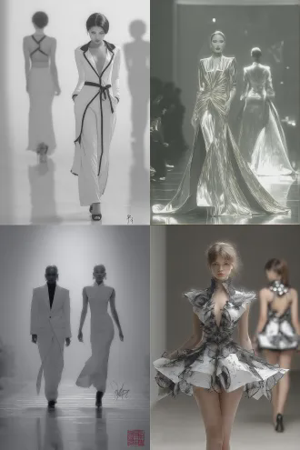 黑白转彩色，t台时装秀，两位模特正反展示，动态构图，高对比度，广角镜头，舞台聚光，一迎一离，前模特直视镜头自信表情，后模特背影优雅步伐，霓虹渐变背景，3d渲染质感，金属光泽服饰，超现实风格，强烈色彩冲击，戏剧化光影，高清细节，未来感时尚，8k分辨率。