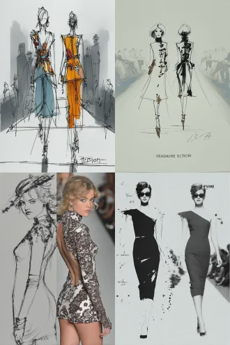 黑白草稿图变成彩色照片，两位时装模特的正反面展示，一个模特面向镜头而来，另一个背对镜头而去，t台背景。