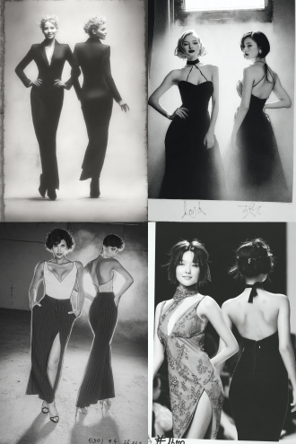 黑白转彩色，两位时装模特，正面与背面动态，t台背景，高对比度，时尚摄影，广角镜头，前模特自信微笑，后模特优雅转身，服装细节丰富，亮面材质，聚光灯，冷色调与暖色碰撞，动态模糊，未来感，高级时装，光影层次，立体感，镜头轻微仰角，舞台烟雾效果。