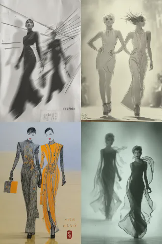 "黑白草稿图动态转为彩色照片，t台背景，两位时装模特正反面展示，一位自信走来眼神锐利，另一位潇洒离去长发飘逸，高清细节，超现实主义，广角镜头，动态模糊，聚光灯，冷暖色调碰撞，高级时装质感，未来感面料，流畅剪影，戏剧性光影，模特步伐优雅，舞台烟雾效果，强烈视觉冲击"