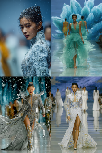 中国古风仙气时装模特走秀现场，猫步定格摆造型，前冷艳前行五官清晰，后优雅转身背影模糊，雪花飞舞冰天雪地背景，冰河霜花，步步生花特效冰裂绽放雪莲，高定银色流光礼服锋利剪裁，冷峻表情，冷色调，长焦浅景深动态模糊，侧逆光晶莹剔透冰雪反射，高级感空灵氛围
