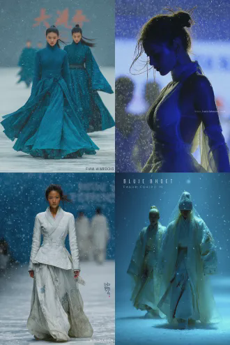 中国古风仙气时装模特走秀现场，猫步，定格，摆造型，一个模特往前冷艳前行，五官逐渐清晰明朗，另一个往后优雅转身，背影远去越来越模糊，雪花漫天飞舞冰天雪地背景，冰河下结着霜花，步步生花特效，踩踏脚下的霜花图案即冰裂效应绽放雪莲花，高定礼服，银色流光面料，锋利剪裁，冷峻表情，冷色调，长焦镜头，浅景深，动态模糊，侧逆光，晶莹剔透，冰雪反射，高级感，空灵氛围