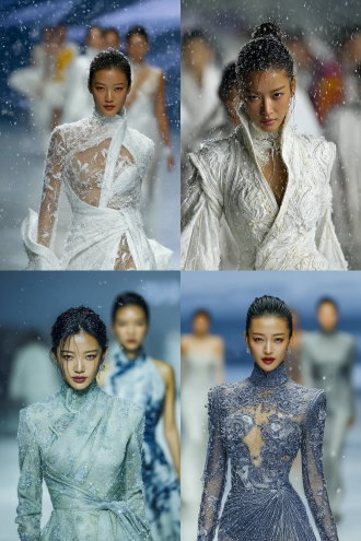 中国古风仙气时装模特走秀现场，猫步定格摆造型，前冷艳前行五官清晰，后优雅转身背影模糊，雪花飞舞冰天雪地背景，冰河霜花，步步生花特效冰裂绽放雪莲，高定银色流光礼服锋利剪裁，冷峻表情，冷色调，长焦浅景深动态模糊，侧逆光晶莹剔透冰雪反射，高级感空灵氛围