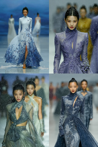 中国古风仙气时装模特走秀现场，猫步定格摆造型，前冷艳前行五官清晰，后优雅转身背影模糊，雪花飞舞冰天雪地背景，冰河霜花，步步生花特效冰裂绽放雪莲，高定银色流光礼服锋利剪裁，冷峻表情，冷色调，长焦浅景深动态模糊，侧逆光晶莹剔透冰雪反射，高级感空灵氛围