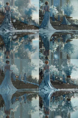 时装模特走秀现场，猫步定格摆造型，一个模特冷艳前行五官清晰，另一个优雅转身背影模糊，雪花飞舞冰天雪地背景，冰河霜花，步步生花特效踏出冰裂雪莲，高定银色流光礼服锋利剪裁冷峻表情，冷色调长焦镜头浅景深动态模糊侧逆光晶莹剔透冰雪反射高级感空灵氛围