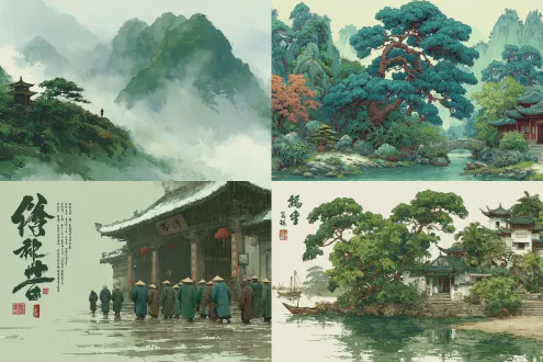 春山叠翠，秋水皱眉，长亭送别，古装侠客，青衫佩剑，忧郁眼神，远山雾气，水墨风格，长亭孤影，落叶飘零，冷色调，广角镜头，柔光，静止快门，孤独，离别，江湖气息，沧桑感，淡雅色彩，情感深沉。