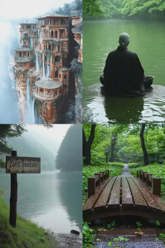 春山叠翠秋水皱眉长亭送别，古风山水，对角构图，雾气缭绕，青绿色调，长焦镜头，柔光，孤寂感，远行人背影，长袍飘动，落叶纷飞，离愁别绪，微雨朦胧，水墨质感，低饱和度，诗意境，慢快门，风铃摇曳，泛黄旧时光，剑客独行，冷色调，江湖气息，岁月沧桑。