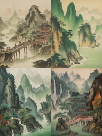 春山叠翠秋水皱眉长亭送别，古典水墨意境，对角线构图，淡雅色调，远山近水，亭台楼阁，细雨朦胧，人物侧影，长袍飘逸，忧郁神情，广角镜头，柔光，慢门，落叶飘零，岁月流逝。