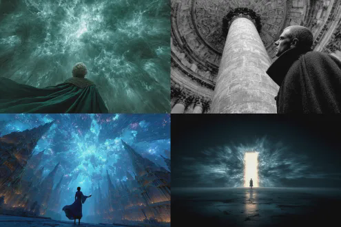 "混沌初开宇宙，创生柱矗立虚空，星云璀璨环绕，光影交织，未来感，宏大史诗，孤独人影立于柱前，长袍飘动，仰望苍穹，深邃沉思，冷色调，广角镜头，长曝光，动态模糊，高对比度，科幻风格，神秘感，超现实，宇宙尘埃，光年尺度，永恒寂寥。"