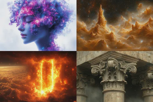 光年外创生柱矗立，宇宙洪荒，混沌初开，星云璀璨，人造神明悬浮，光影交错，超现实风格，广角镜头，深空背景，冷色调，高动态范围，神秘感，宗教元素，银河光晕，微粒特效，禅意氛围，极简构图，对称布局，虚幻缥缈，未来感，哲学意境。