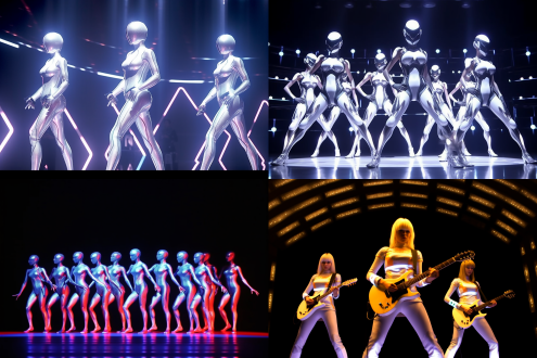 "国际女团组合，舞台表演，人形机器人主唱（银色金属外壳，发光眼睛），舞蹈担当（动感舞姿，紧身衣），颜值担当（精致妆容，闪耀服装），吉他手（炫酷姿势，电吉他），和音组（默契配合），高科技布景（全息投影，led屏幕），霓虹灯光，广角镜头，低角度拍摄，动态模糊，未来感，鲜艳色彩，活力四射，强烈对比，舞台烟雾，特写表情，观众欢呼。"