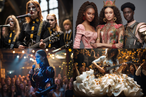 一个国际女团组合，在舞台上边唱边跳，有人形机器人主唱，有舞蹈担当，有颜值担当，有吉他手，还有和音组，时尚多元，布景充满高科技。