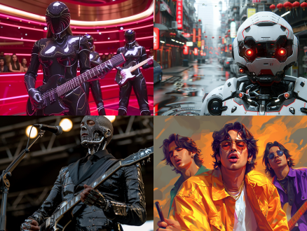 一个国际男团组合，在舞台上边唱边跳，有人形机器人主唱，有舞蹈担当，有颜值担当，有吉他手，还有和音组，时尚多元，布景充满高科技。