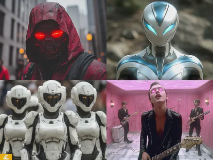 国际男团组合舞台表演，时尚多元，高科技布景，人形机器人主唱发光眼睛，舞蹈担当高难度动作，颜值担当迷人微笑，吉他手激情演奏，和音组完美配合，动感光影，霓虹色彩，广角镜头，低角度拍摄，激光束，烟雾效果，未来感服装，金属质感，舞台火焰，观众欢呼，高能量氛围，超现实风格，动态模糊，梦幻色调。