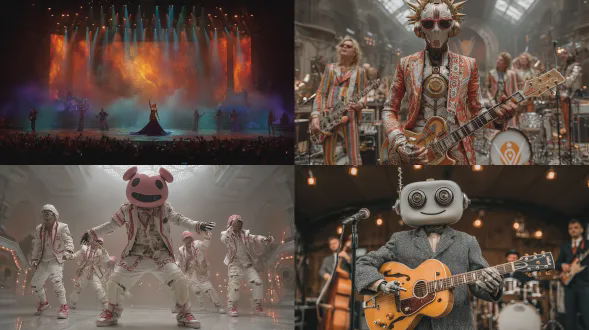 一个国际男女团组合乐队，在舞台上边唱边跳，有人形机器人主唱，有舞蹈担当，有颜值担当，有吉他手和鼓手，还有和音组，时尚多元，布景充满高科技。