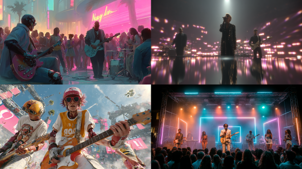 国际男女团组合乐队在舞台上表演，人形机器人主唱金属质感，舞蹈担当动作流畅，颜值担当魅力四射，吉他手和鼓手激情演奏，和音组和谐配合，舞台布景高科技霓虹灯与全息投影，广角镜头，动态模糊，炫彩激光，低角度拍摄，高对比度，未来感，时尚多元，活力四射，电子音乐节拍，观众欢呼，烟雾效果，赛博朋克风格。