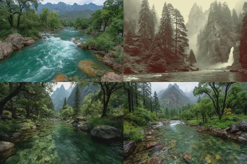 长虹倒吸卧花榭，白水听涛，古风山水，壮丽瀑布，云雾缭绕，松柏挺立，青石板路，远山如黛，广角镜头，高动态范围，冷色调，侧逆光，流水慢门，细腻纹理，龙鳞雪花，铜骨铁脊，滇池明珠，金沙闪烁，流苏飘扬，茶马古道，木府城阙，威严庄重，史诗感，中国水墨风格